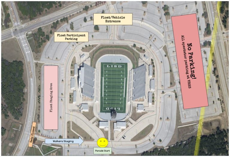 Staging: in from E Park St, floats in the West lot